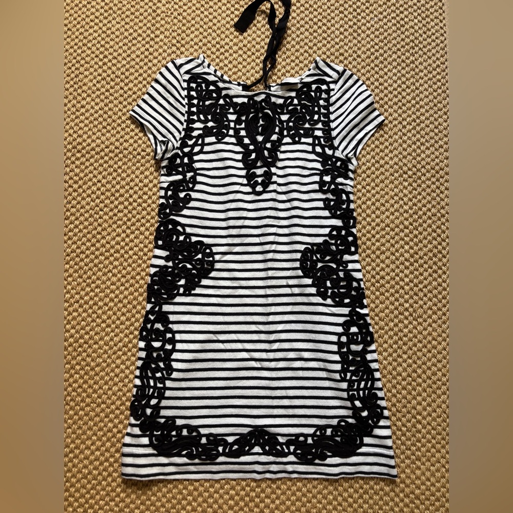 Anthropologie Black & White Striped Short Sleeve Dress with Black Applique